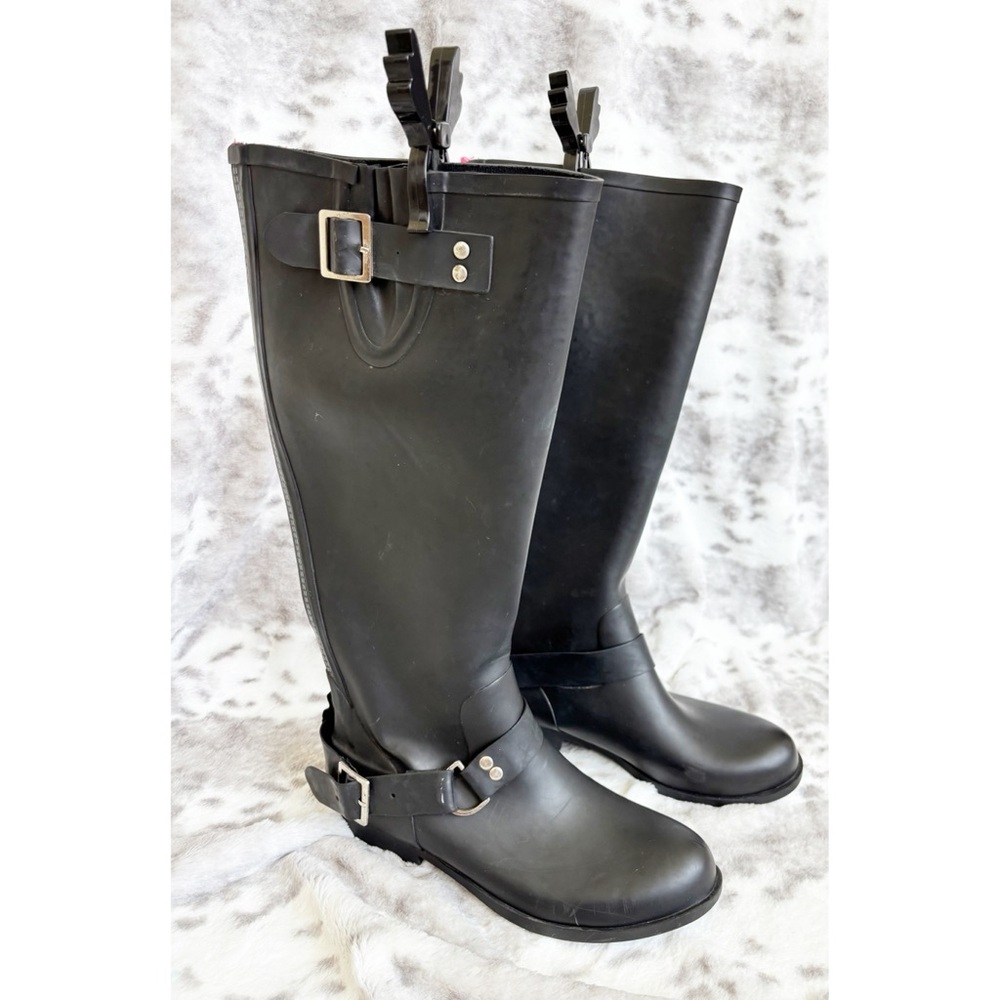 Steve Madden Tsunami Tall Rubber Black/Pink Detail Rain Boots Womens Size 8 - Picture 3 of 11